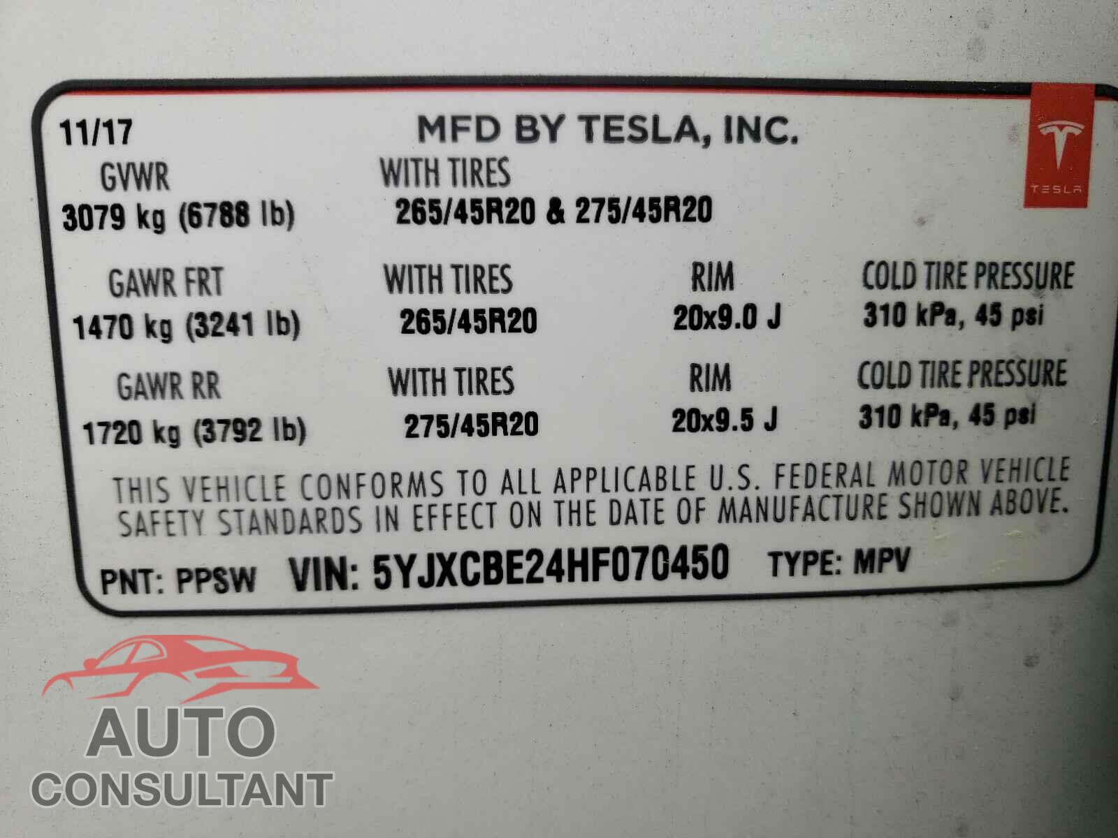 TESLA MODEL X 2017 - 5YJXCBE24HF070450