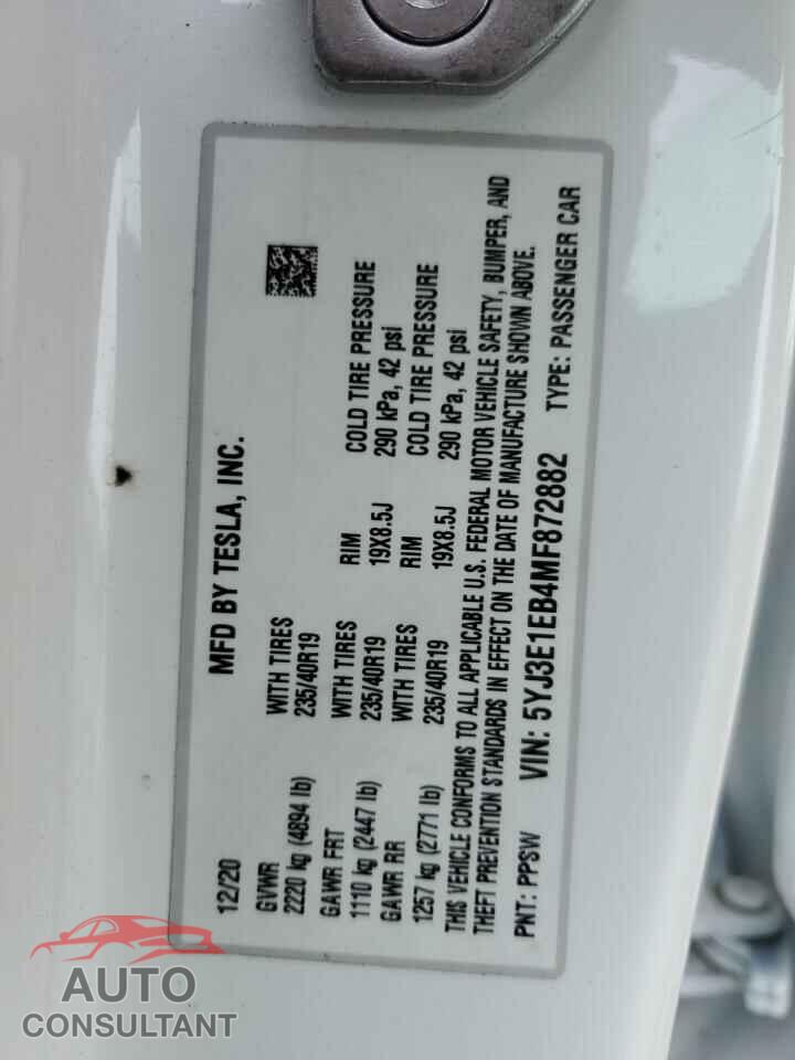 TESLA MODEL 3 2021 - 5YJ3E1EB4MF872882