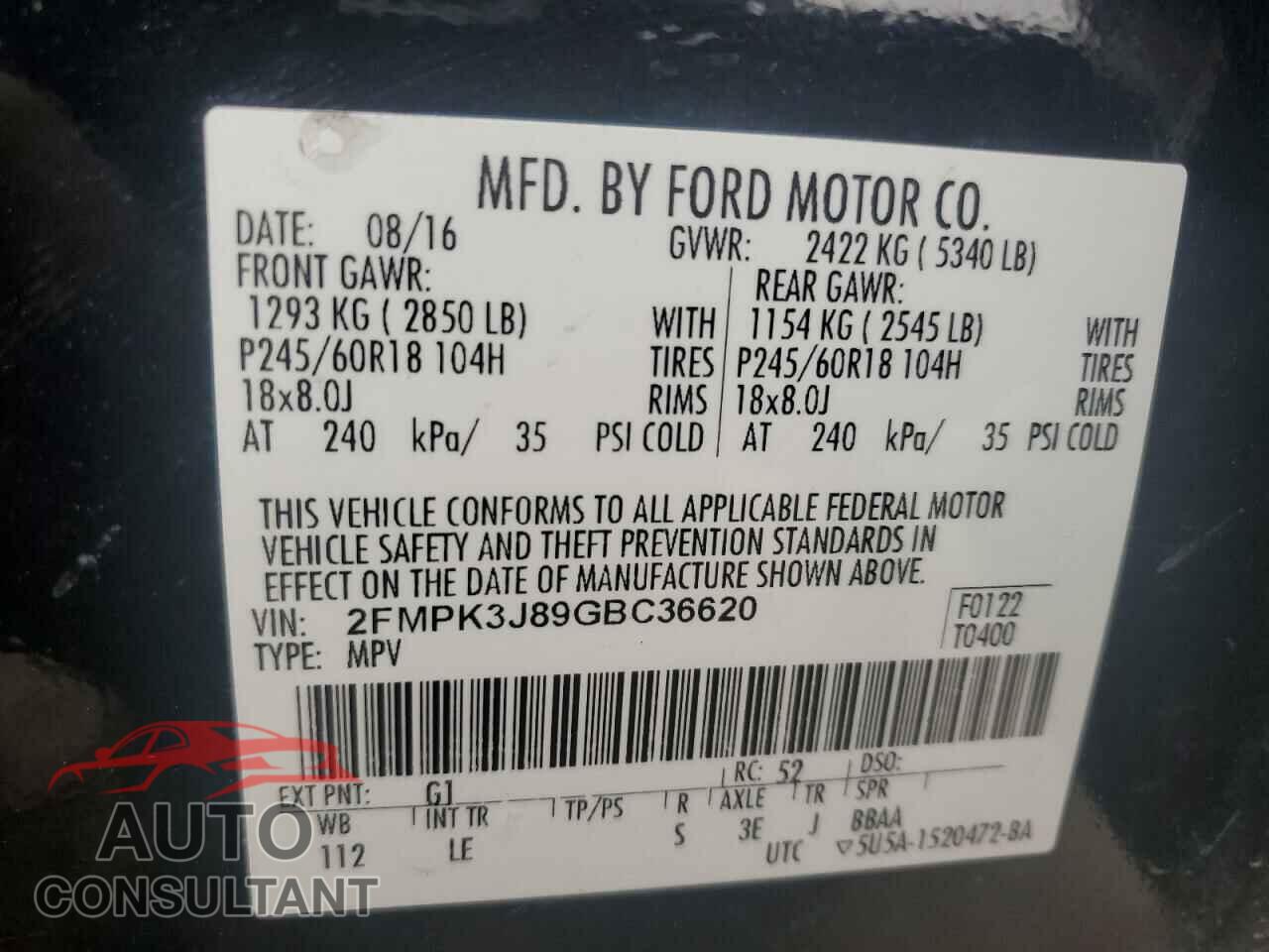FORD EDGE 2016 - 2FMPK3J89GBC36620