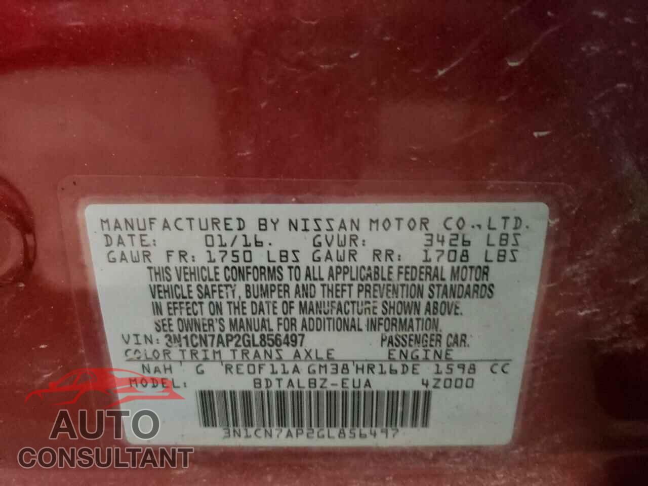 NISSAN VERSA 2016 - 3N1CN7AP2GL856497