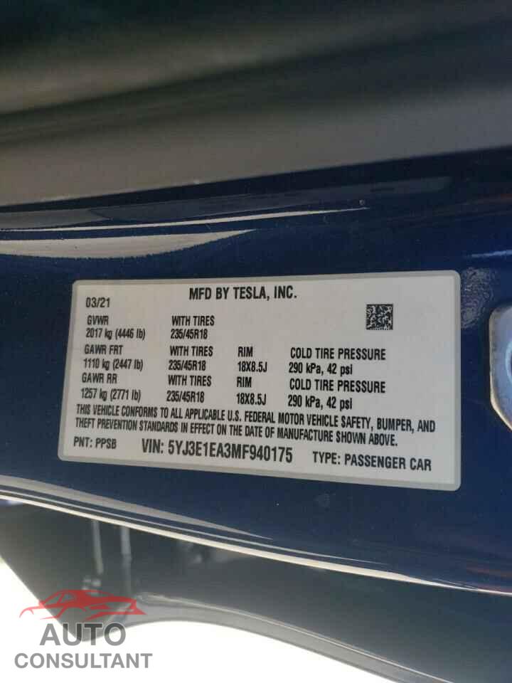 TESLA MODEL 3 2021 - 5YJ3E1EA3MF940175