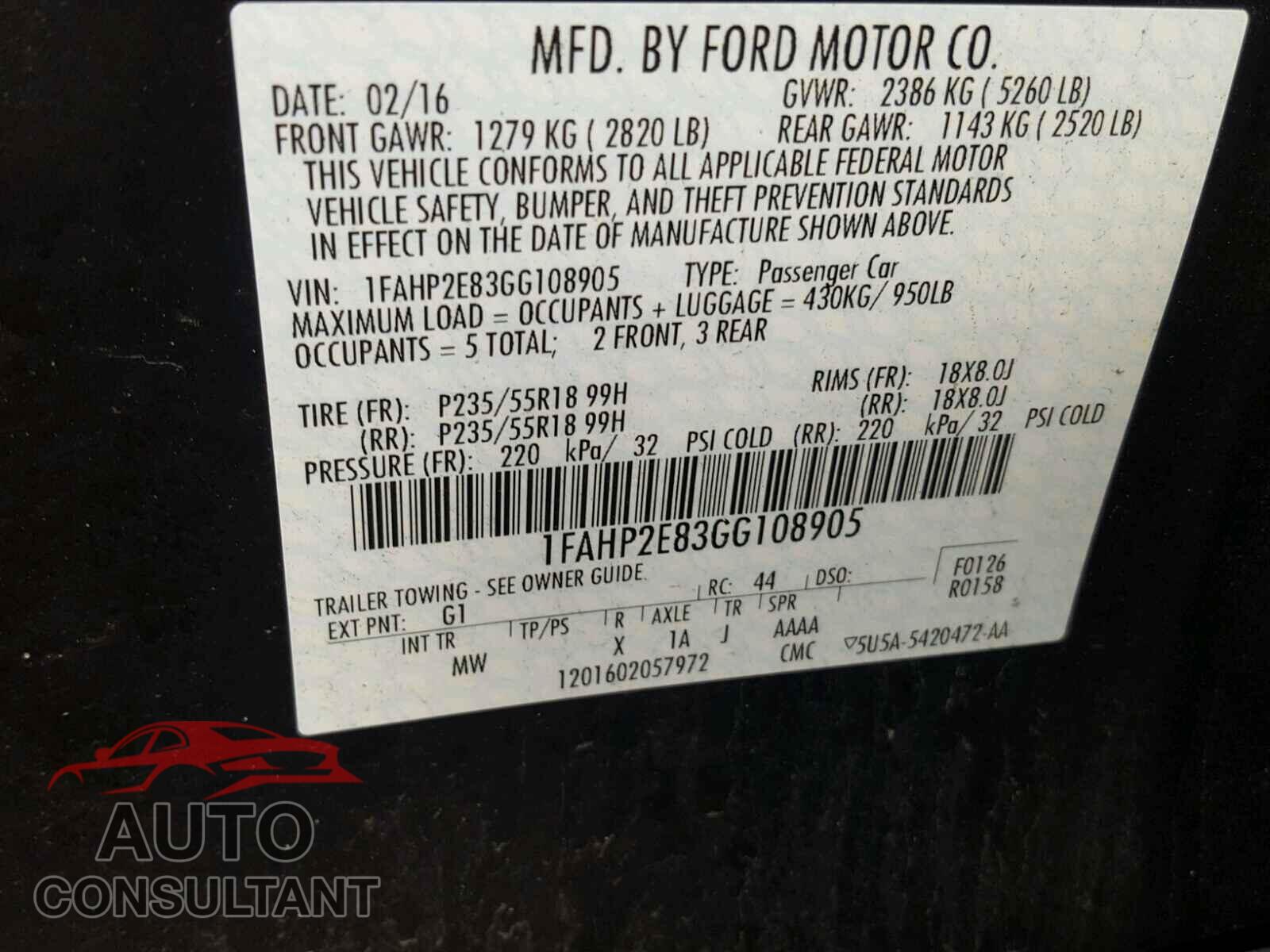 FORD TAURUS 2016 - 1FAHP2E83GG108905