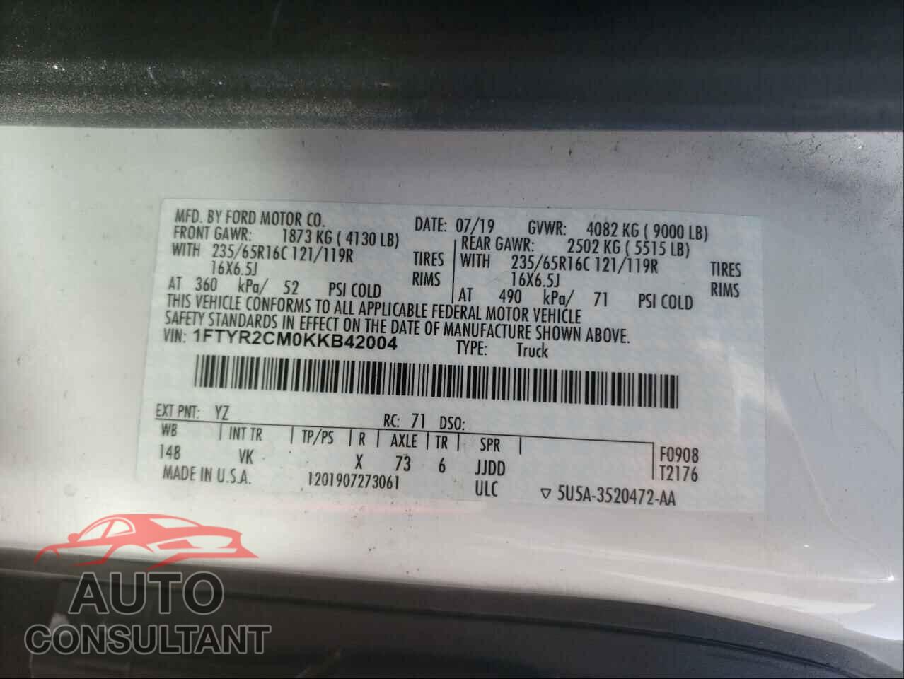 FORD TRANSIT CO 2019 - 1FTYR2CM0KKB42004