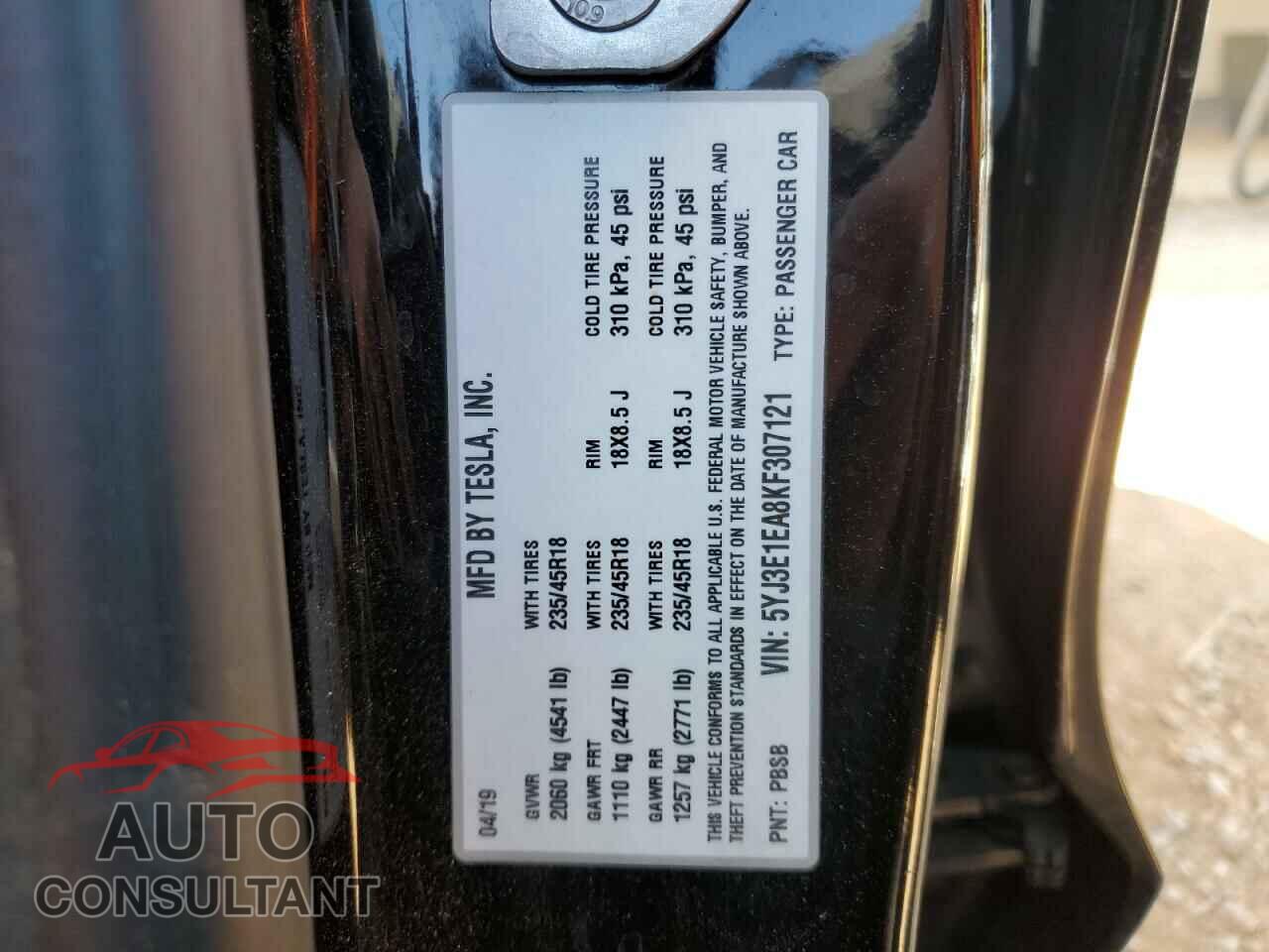 TESLA MODEL 3 2019 - 5YJ3E1EA8KF307121