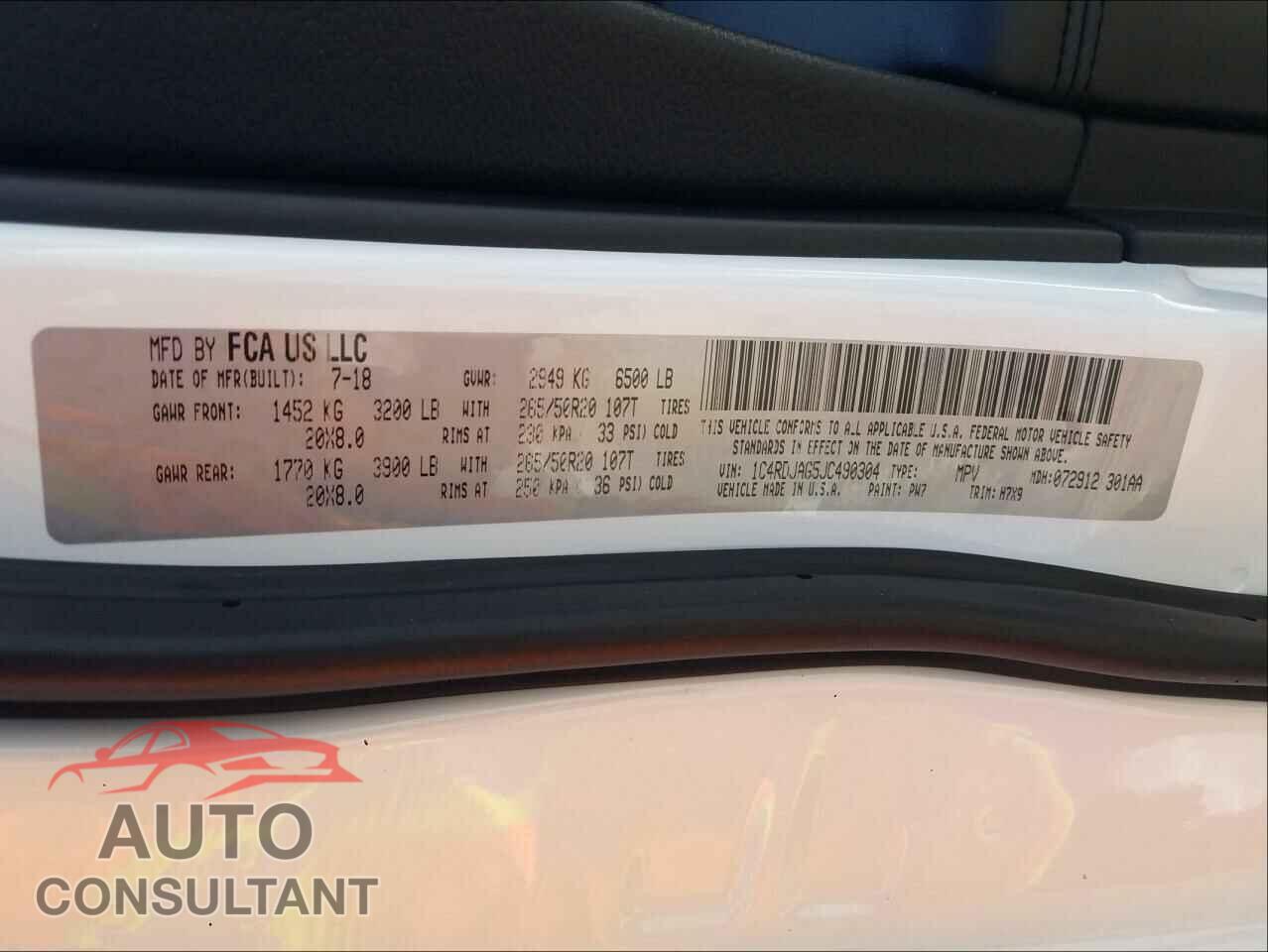 DODGE DURANGO 2018 - 1C4RDJAG5JC490304