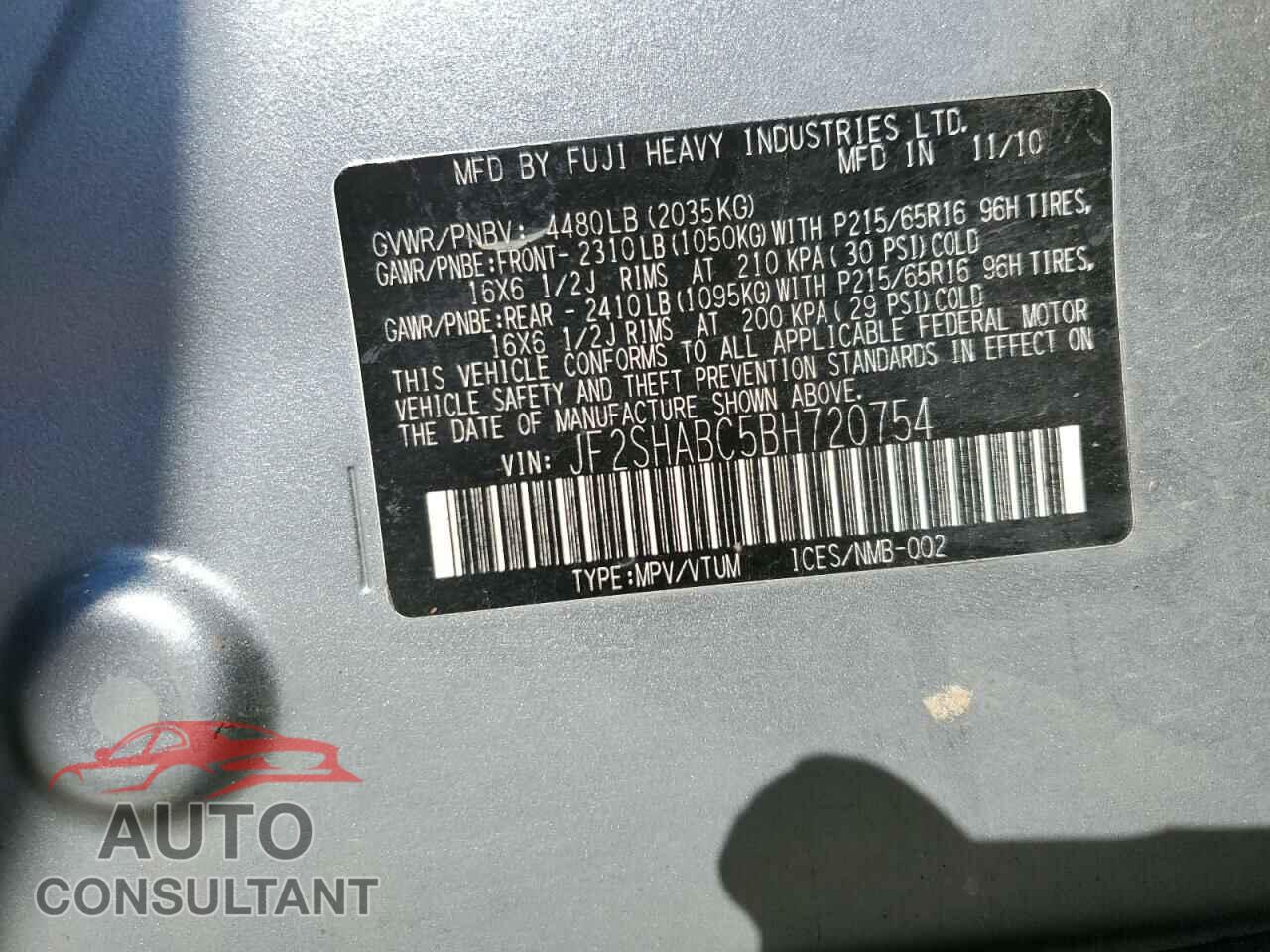 SUBARU FORESTER 2011 - JF2SHABC5BH720754