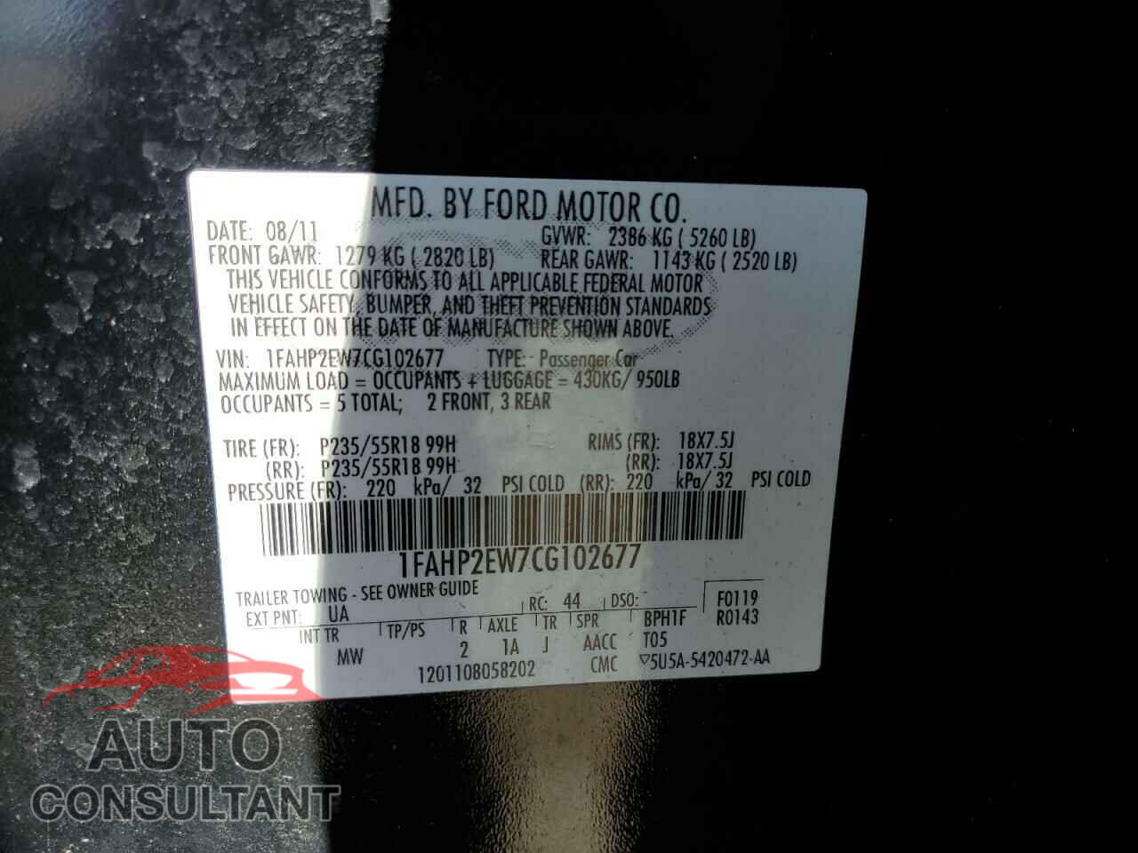 FORD TAURUS 2012 - 1FAHP2EW7CG102677