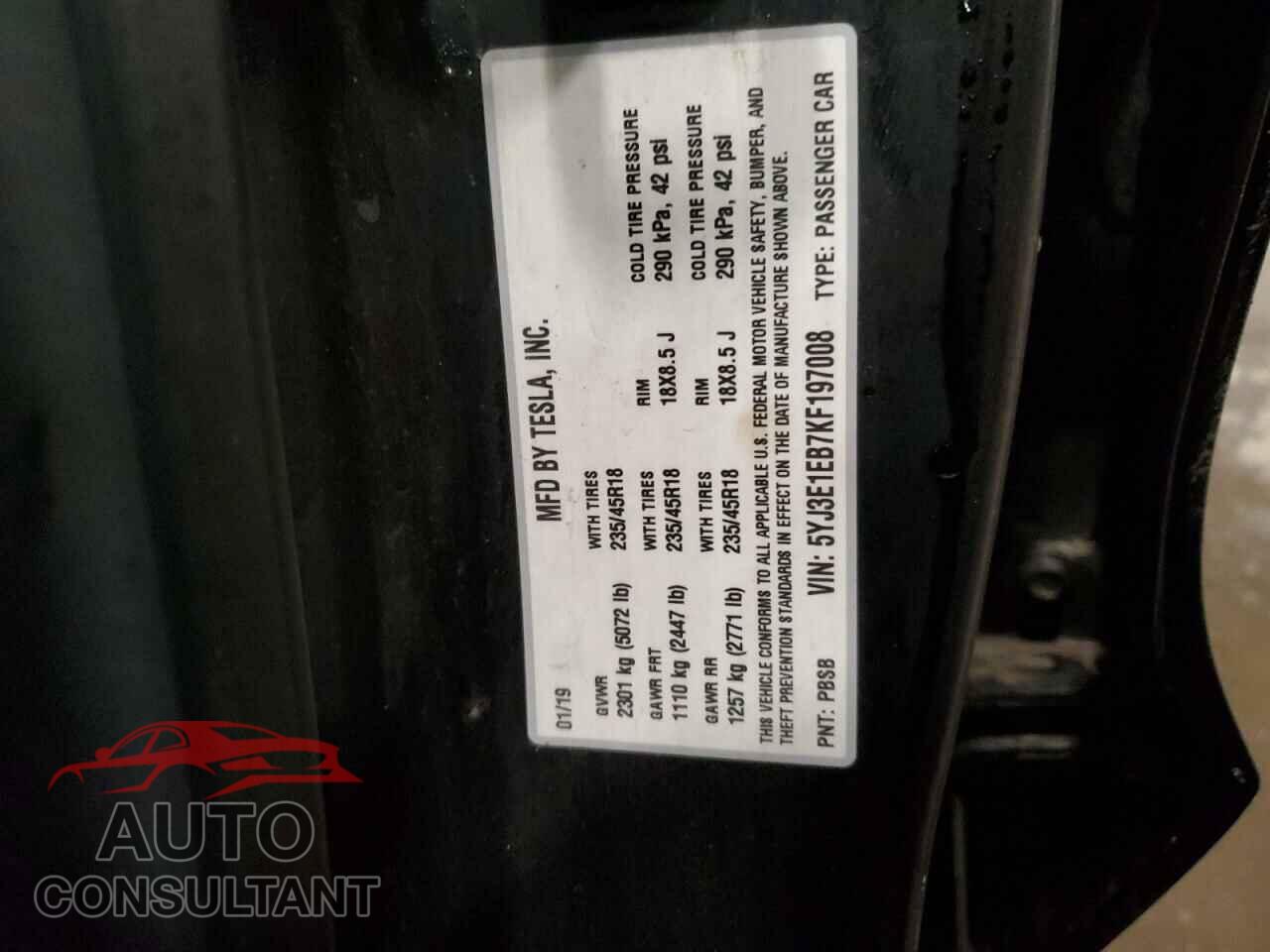 TESLA MODEL 3 2019 - 5YJ3E1EB7KF197008