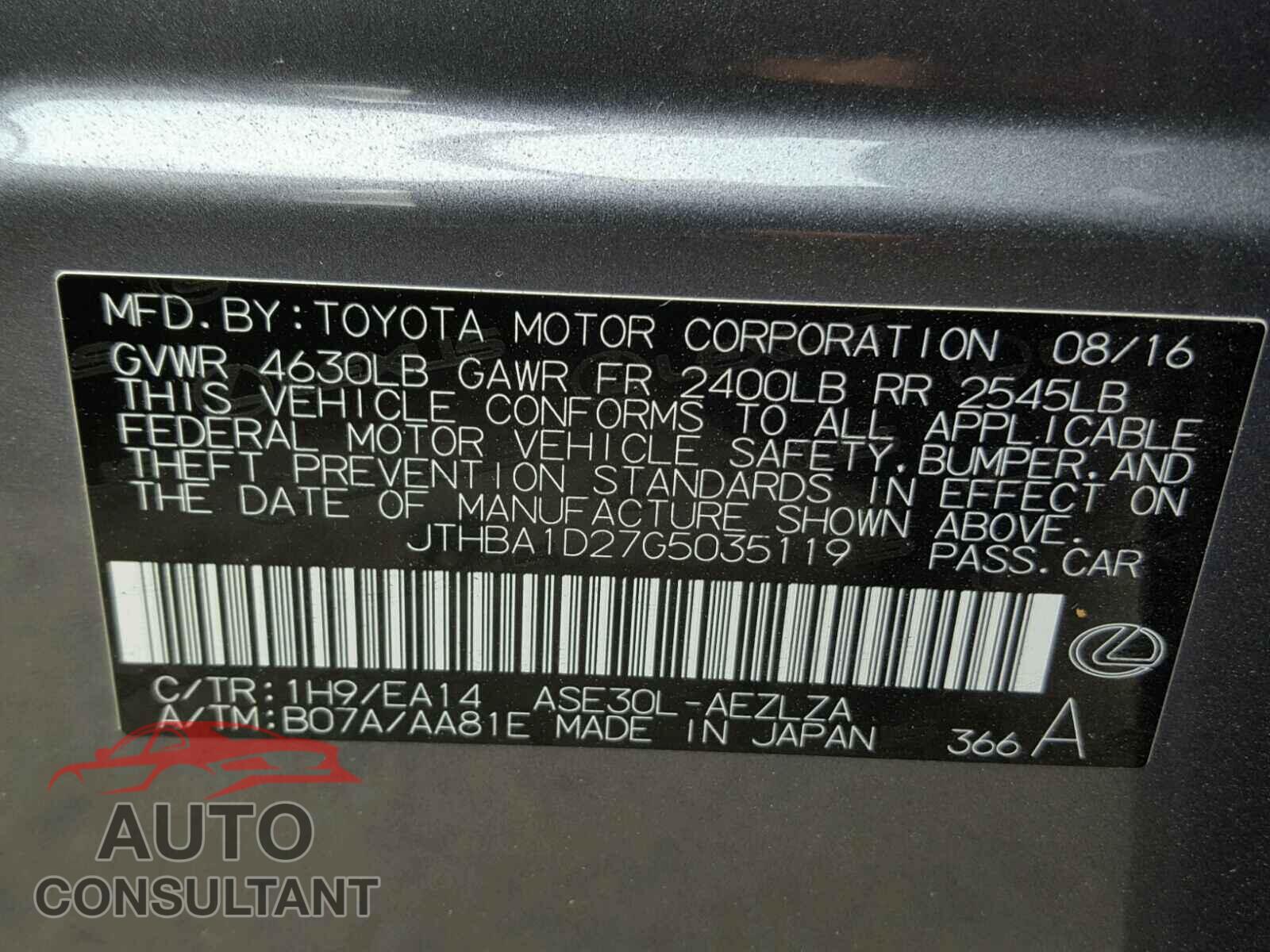 LEXUS IS 2016 - JTHBA1D27G5035119