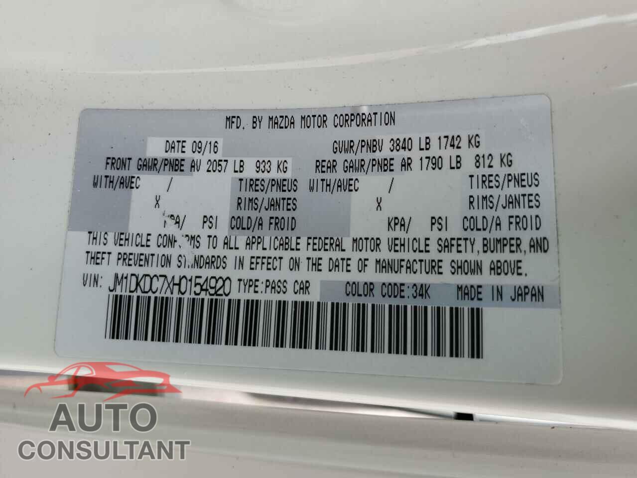 MAZDA CX-3 2017 - JM1DKDC7XH0154920