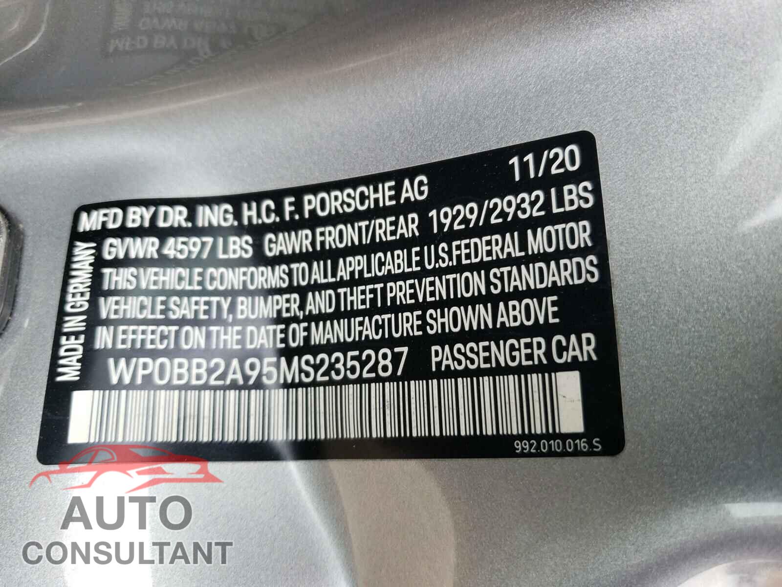 PORSCHE 911 2021 - WP0BB2A95MS235287