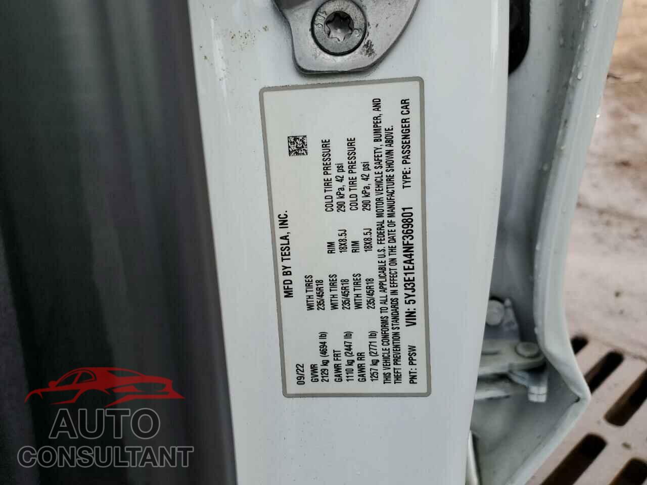TESLA MODEL 3 2022 - 5YJ3E1EA4NF369801
