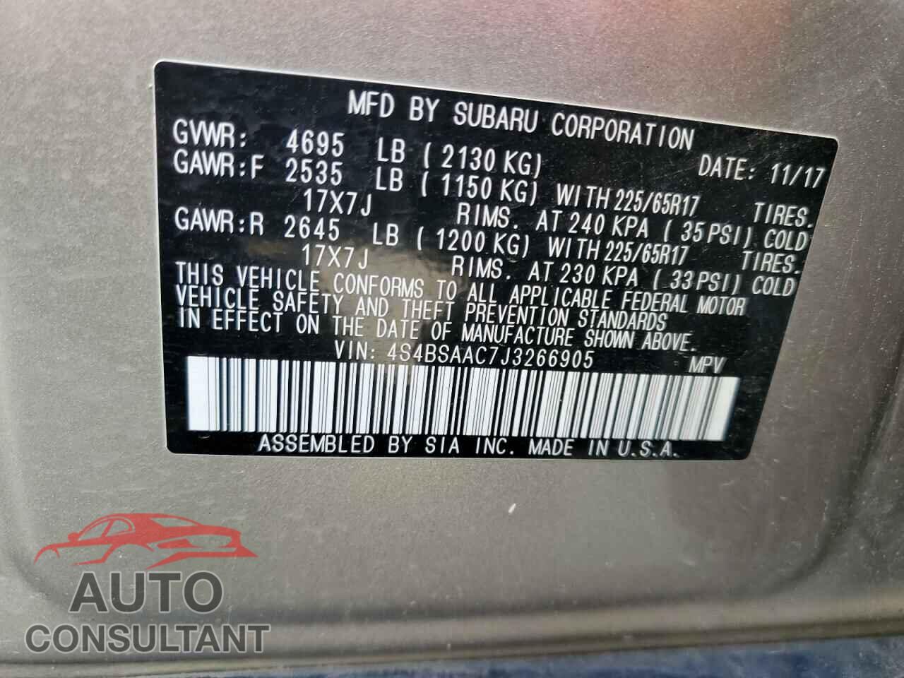 SUBARU OUTBACK 2018 - 4S4BSAAC7J3266905