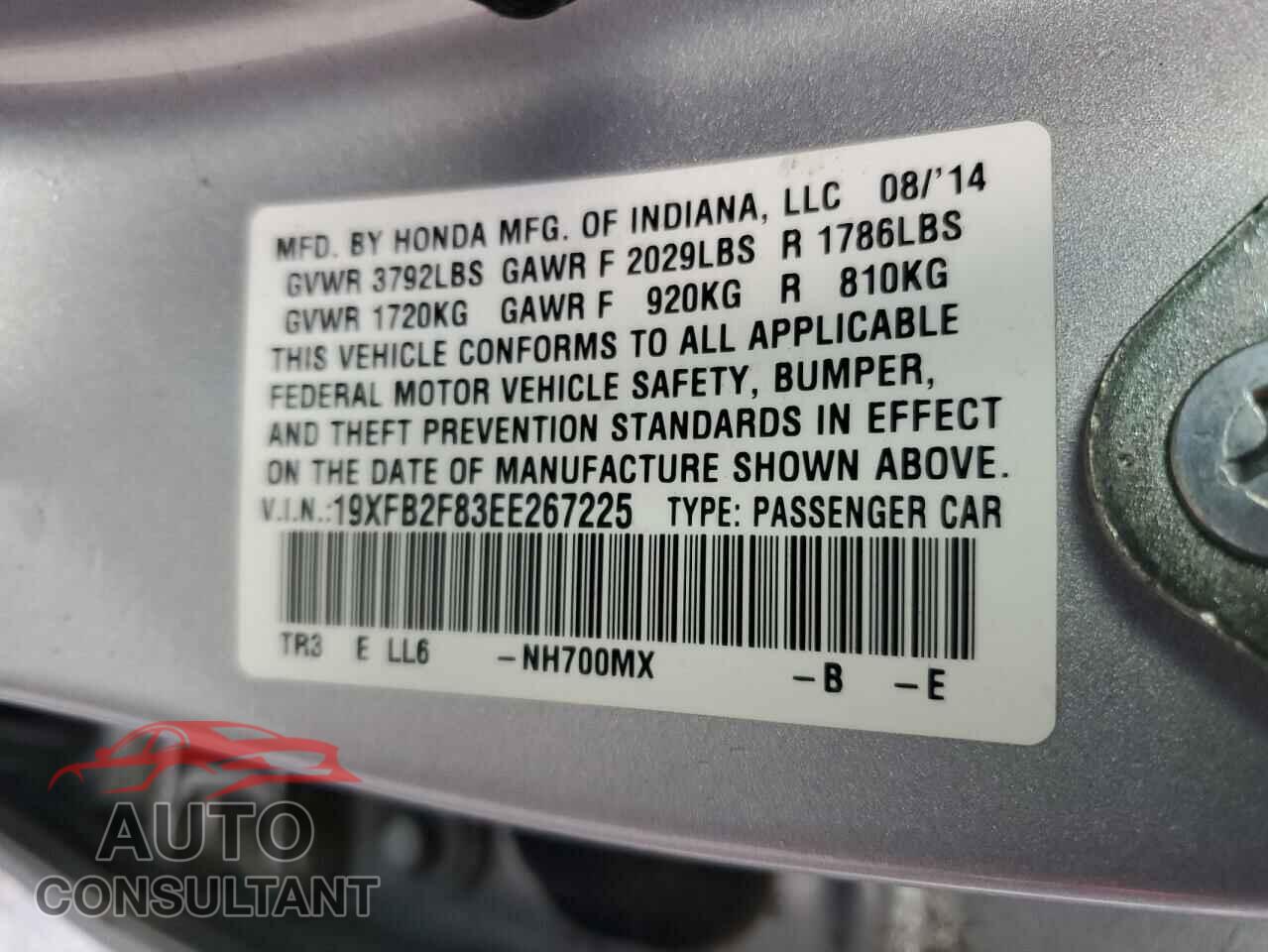 HONDA CIVIC 2014 - 19XFB2F83EE267225