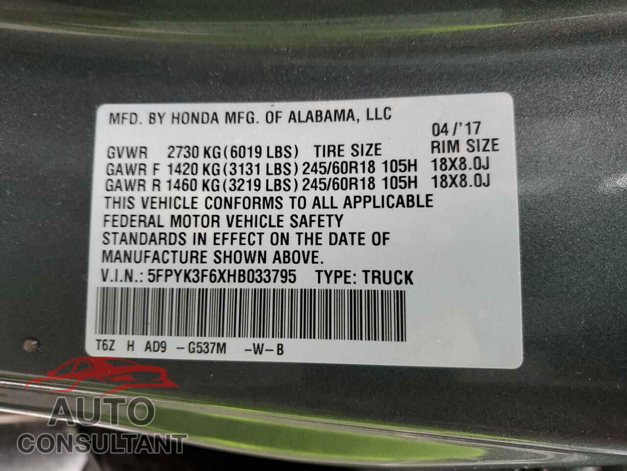 HONDA RIDGELINE 2017 - 5FPYK3F6XHB033795
