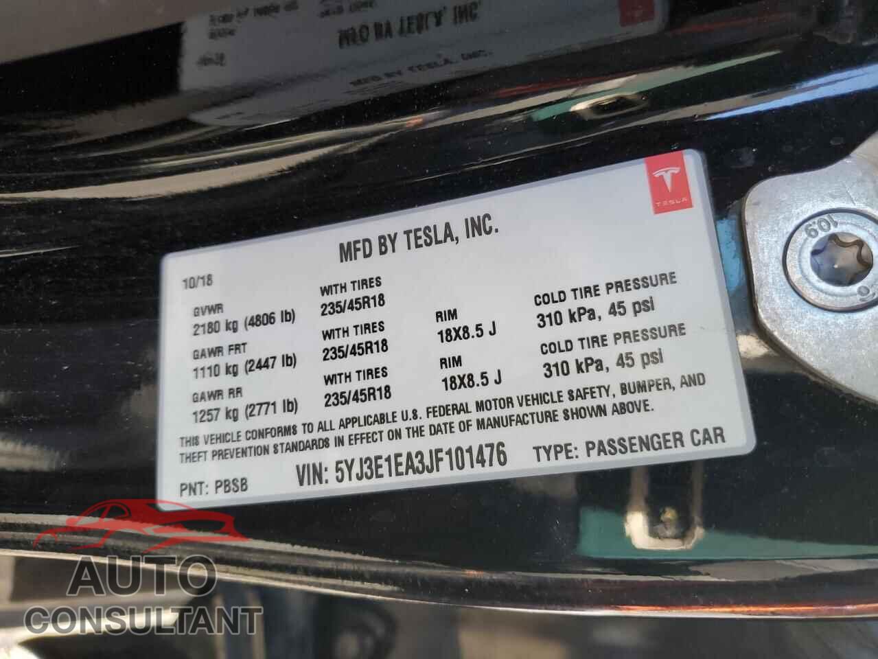 TESLA MODEL 3 2018 - 5YJ3E1EA3JF101476