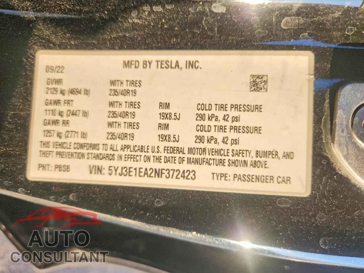 TESLA MODEL 3 2022 - 5YJ3E1EA2NF372423