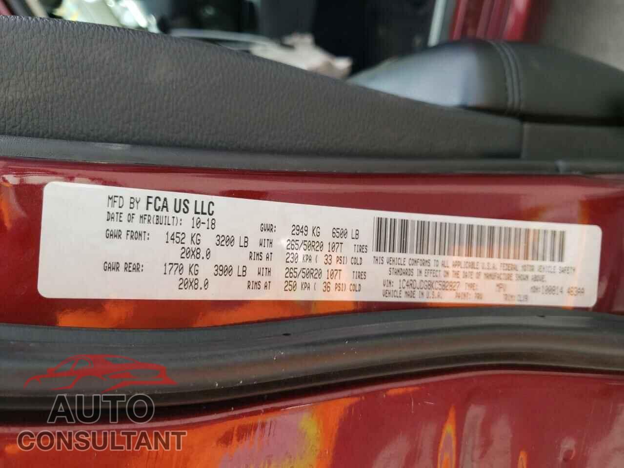 DODGE DURANGO 2019 - 1C4RDJDG8KC582827