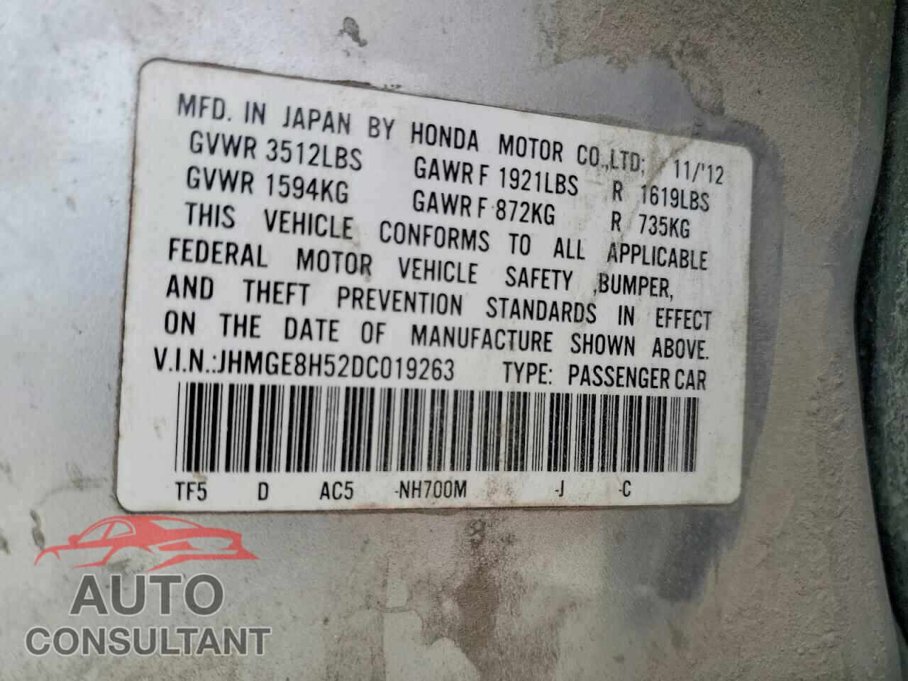 HONDA FIT 2013 - JHMGE8H52DC019263