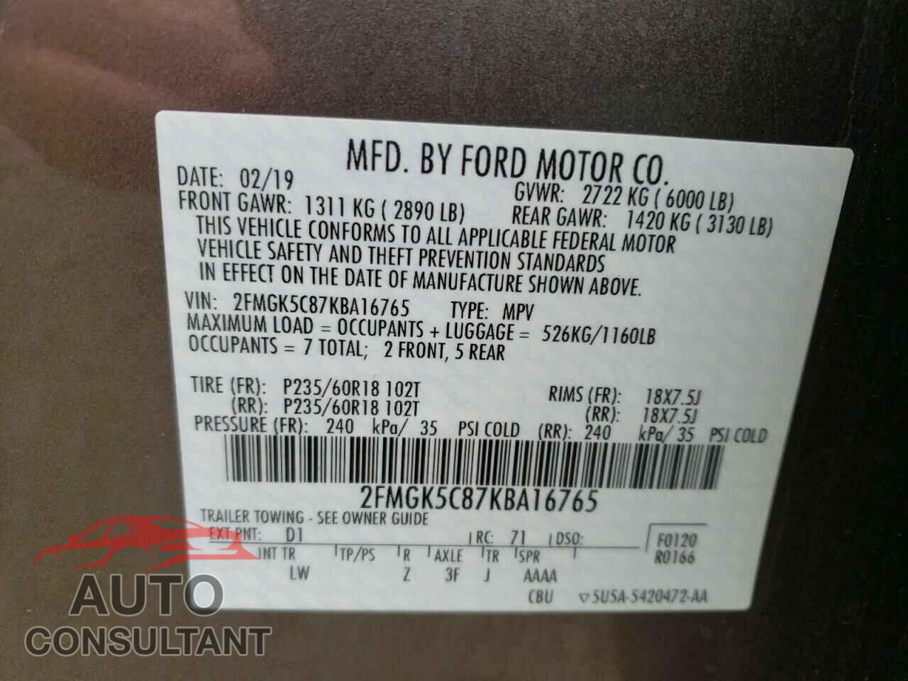 FORD FLEX 2019 - 2FMGK5C87KBA16765