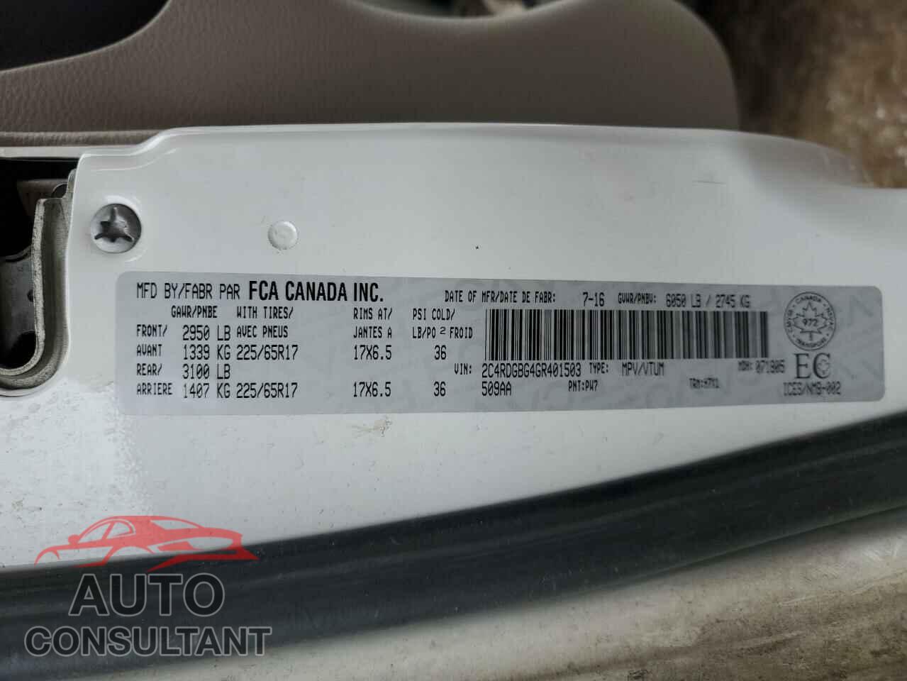 DODGE CARAVAN 2016 - 2C4RDGBG4GR401503