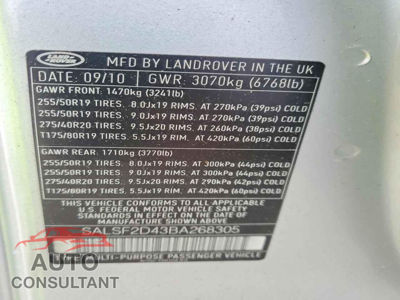 LAND ROVER RANGE ROVE 2011 - SALSF2D43BA268305