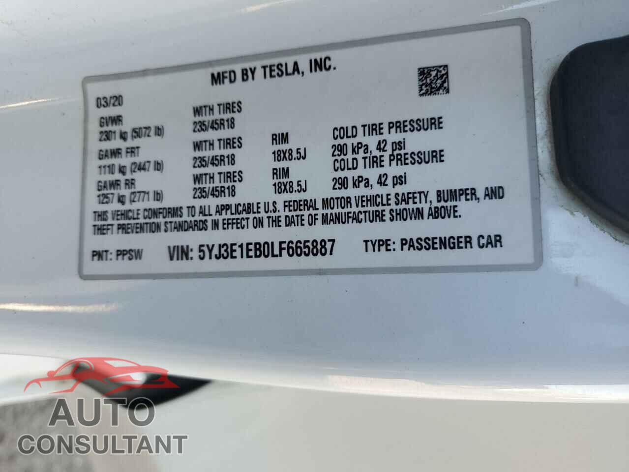 TESLA MODEL 3 2020 - 5YJ3E1EB0LF665887