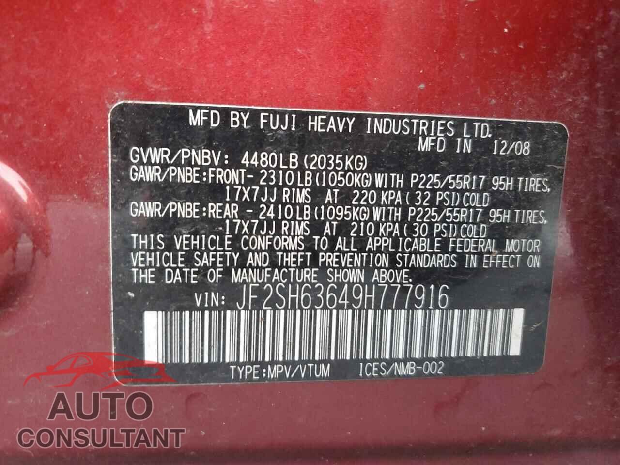 SUBARU FORESTER 2009 - JF2SH63649H777916