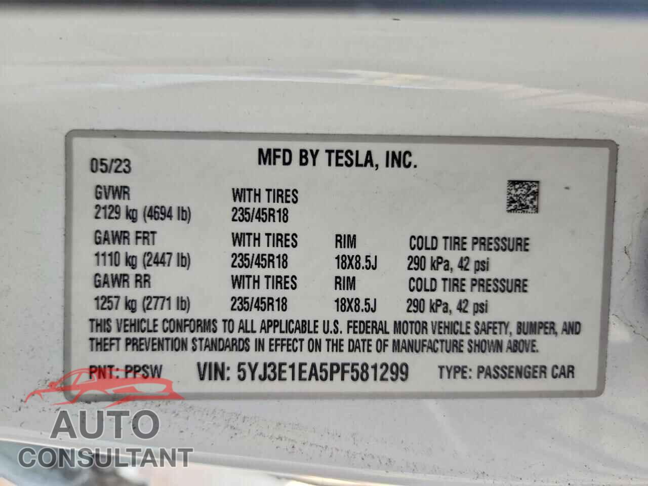 TESLA MODEL 3 2023 - 5YJ3E1EA5PF581299