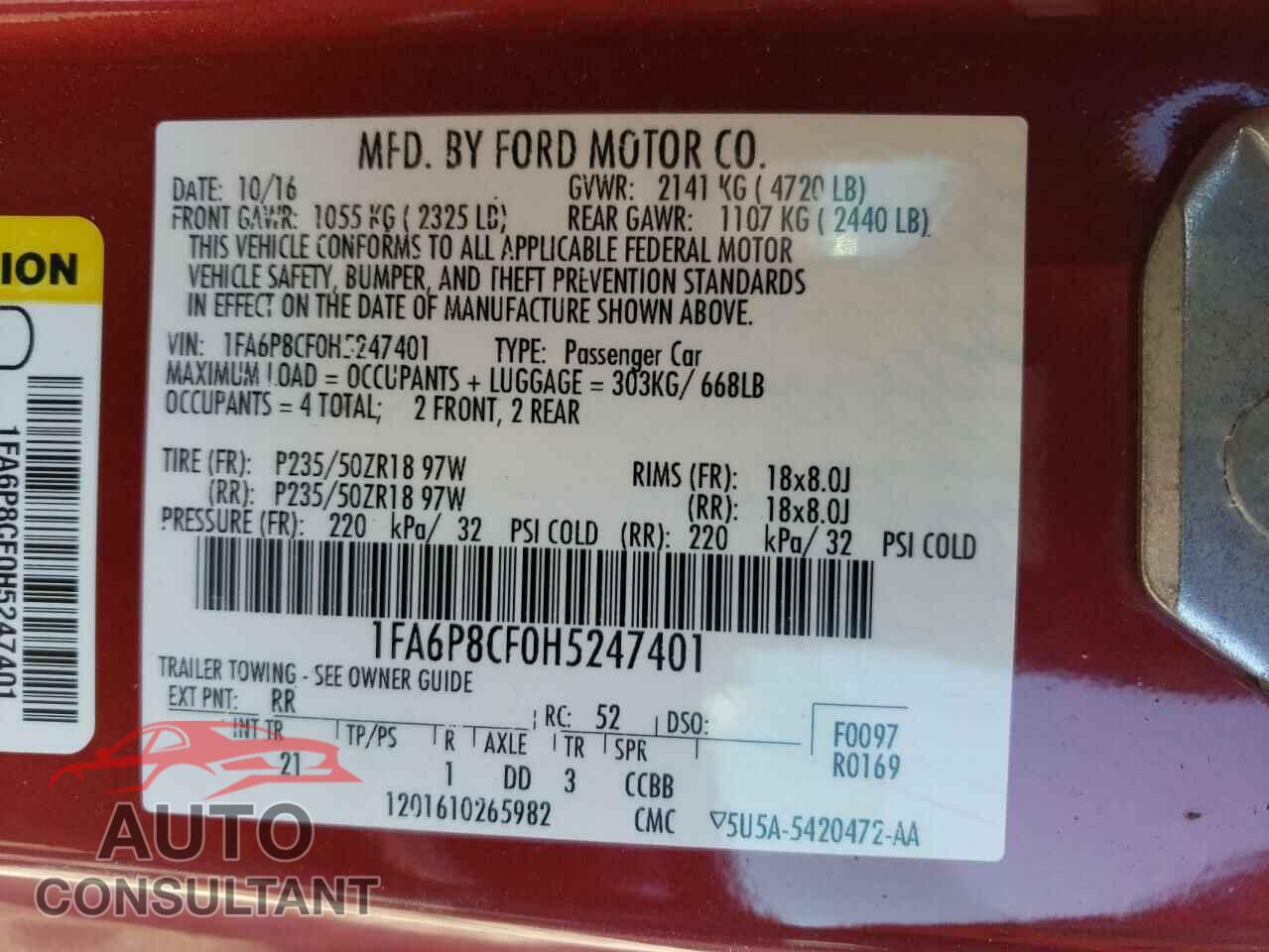 FORD MUSTANG 2017 - 1FA6P8CF0H5247401