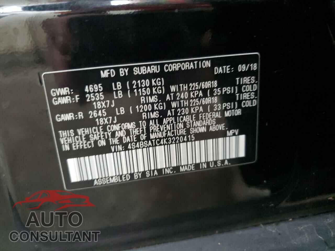 SUBARU OUTBACK 2019 - 4S4BSATC4K3220415