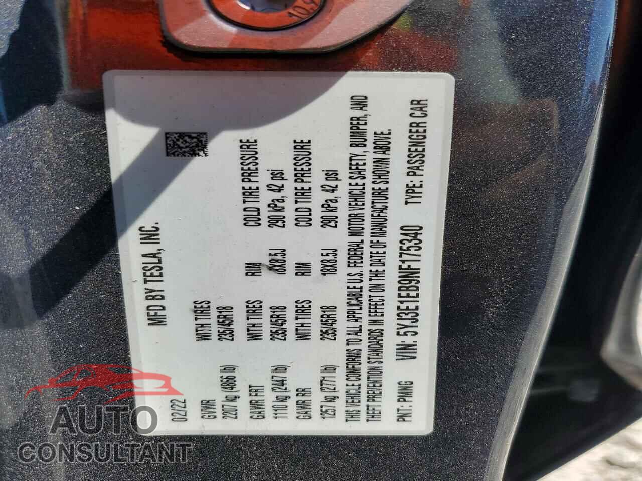 TESLA MODEL 3 2022 - 5YJ3E1EB9NF175340