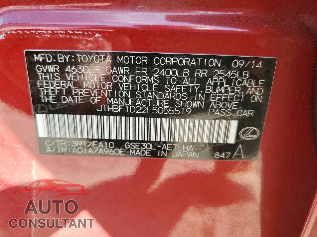 LEXUS IS 2015 - JTHBF1D22F5055519