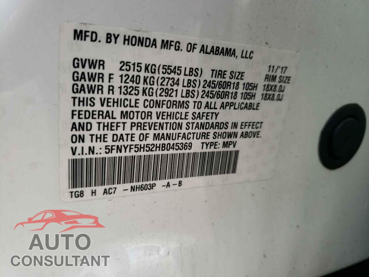 HONDA PILOT 2017 - 5FNYF5H52HB045369