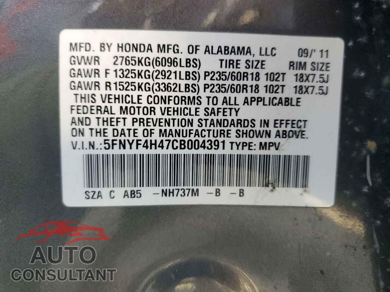 HONDA PILOT 2012 - 5FNYF4H47CB004391