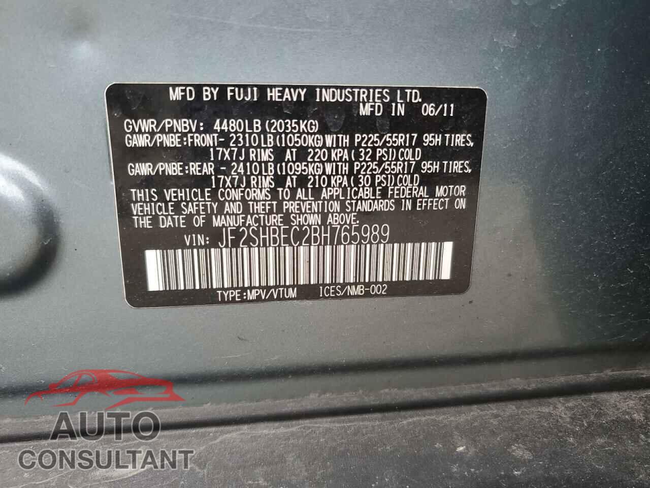 SUBARU FORESTER 2011 - JF2SHBEC2BH765989