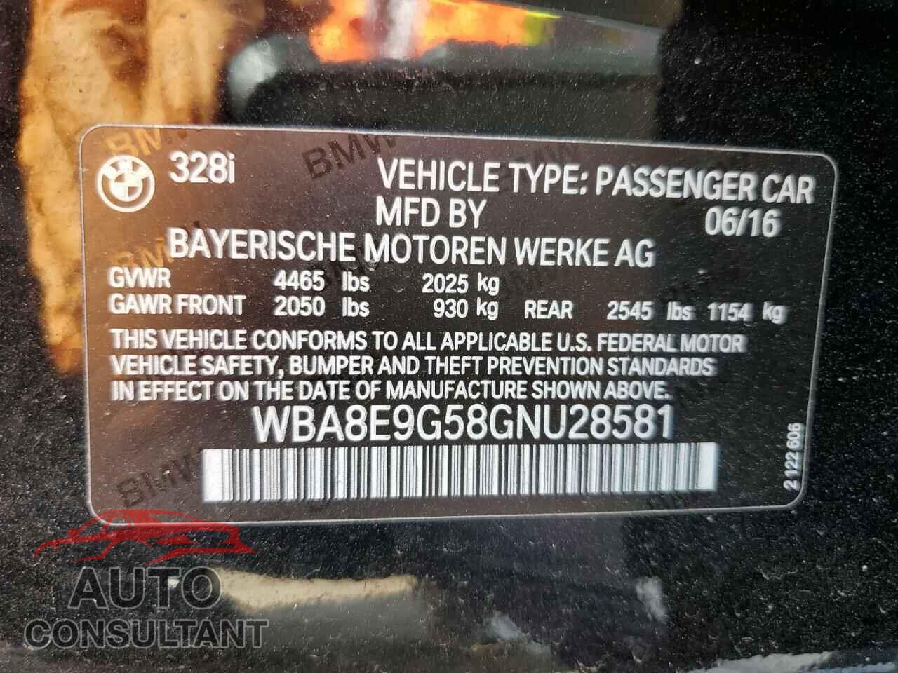 BMW 3 SERIES 2016 - WBA8E9G58GNU28581