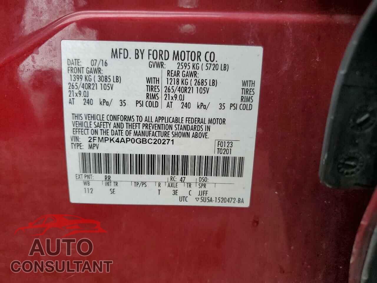 FORD EDGE 2016 - 2FMPK4AP0GBC20271