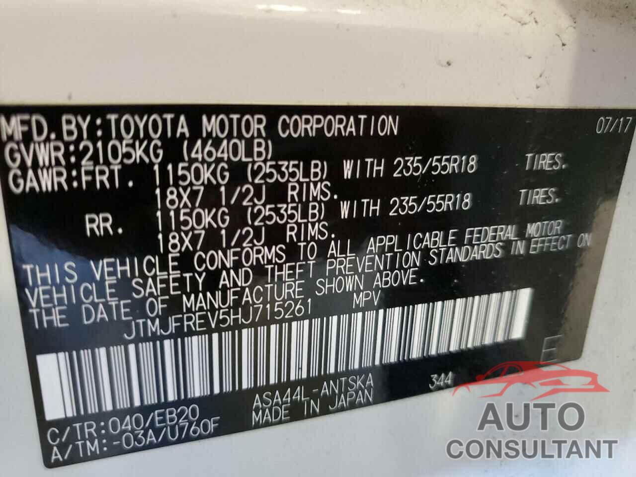 TOYOTA RAV4 2017 - JTMJFREV5HJ715261