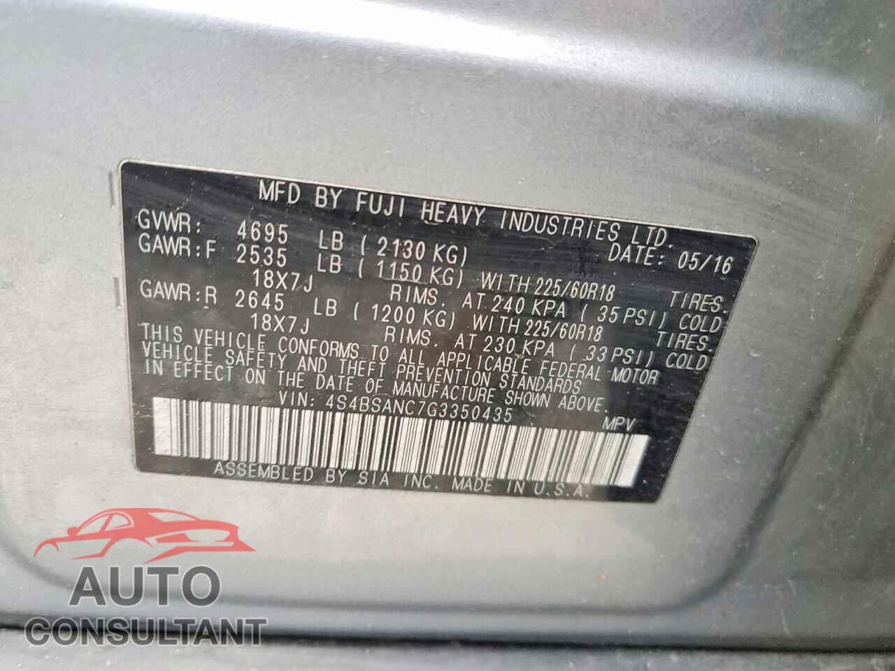 SUBARU OUTBACK 2016 - 4S4BSANC7G3350435