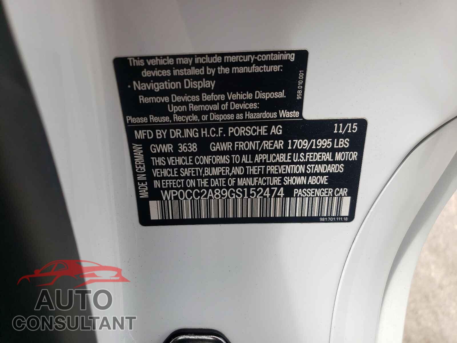 PORSCHE BOXSTER 2016 - WP0CC2A89GS152474