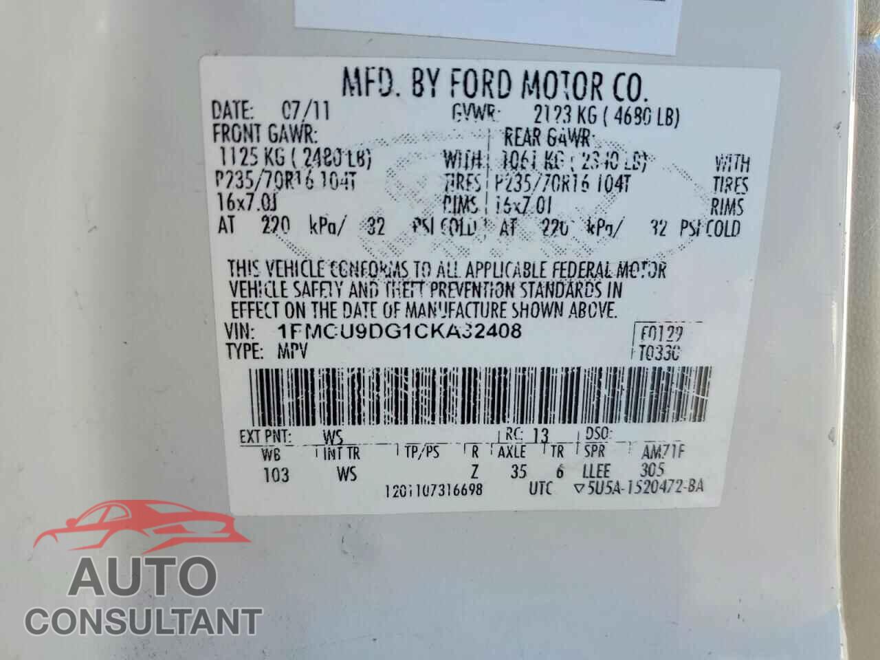 FORD ESCAPE 2012 - 1FMCU9DG1CKA32408