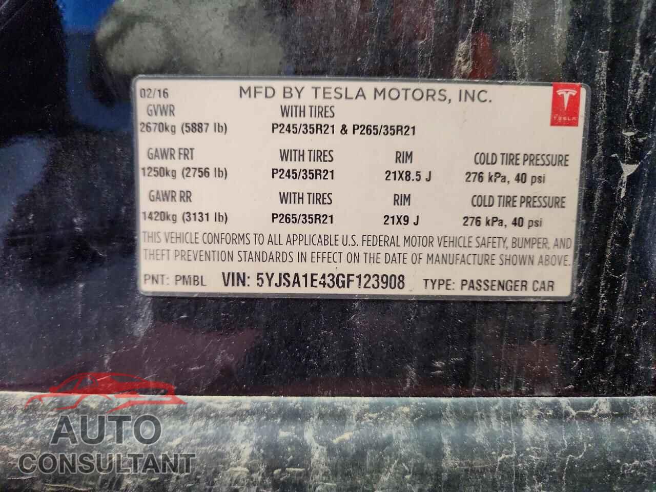 TESLA MODEL S 2016 - 5YJSA1E43GF123908