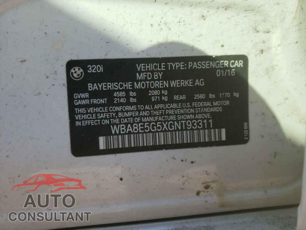 BMW 3 SERIES 2016 - WBA8E5G5XGNT93311