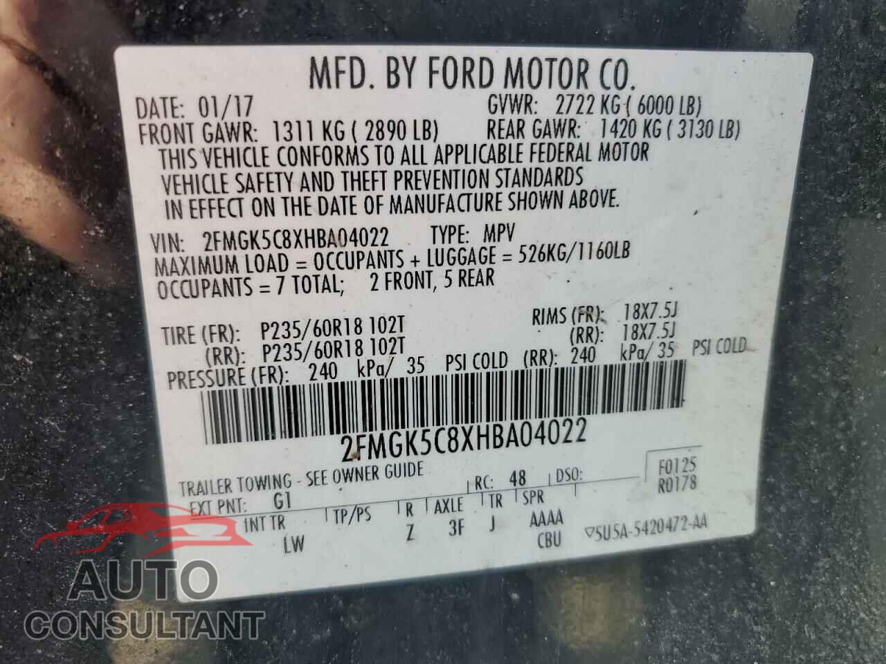 FORD FLEX 2017 - 2FMGK5C8XHBA04022