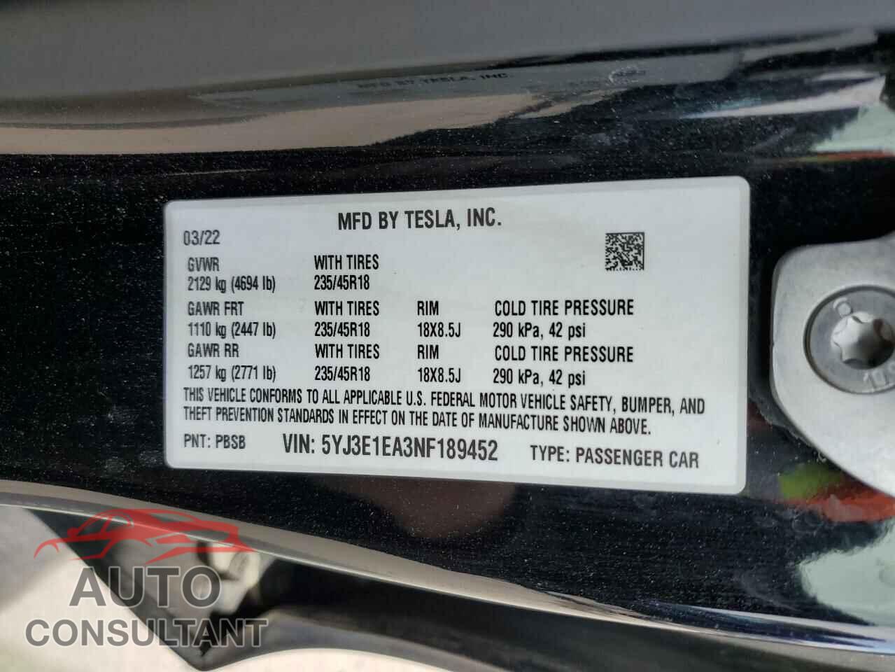 TESLA MODEL 3 2022 - 5YJ3E1EA3NF189452