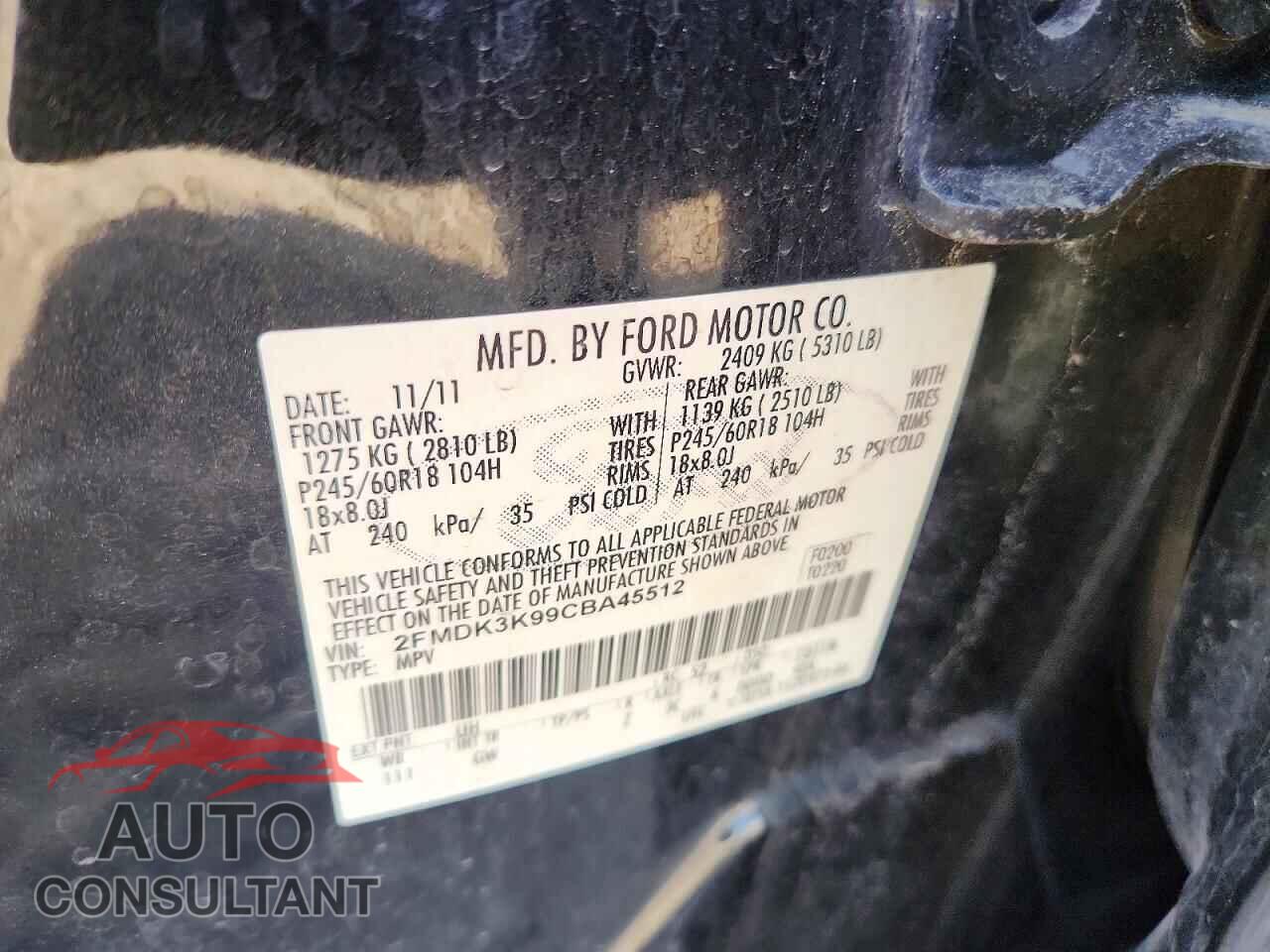 FORD EDGE 2012 - 2FMDK3K99CBA45512