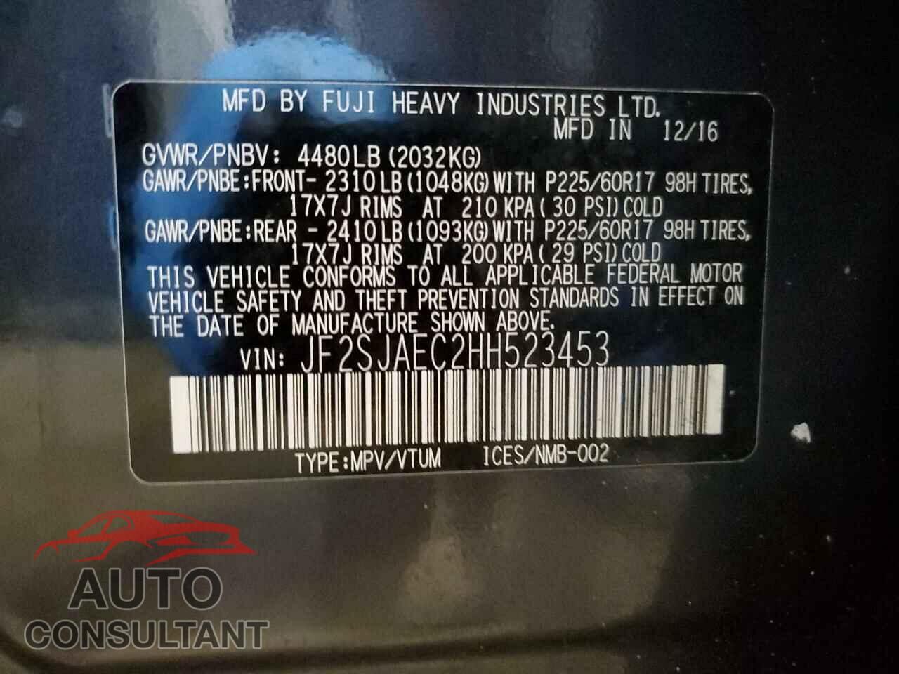 SUBARU FORESTER 2017 - JF2SJAEC2HH523453