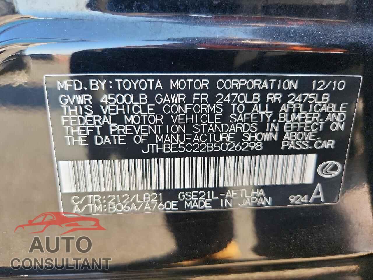 LEXUS IS 2011 - JTHBE5C22B5026298