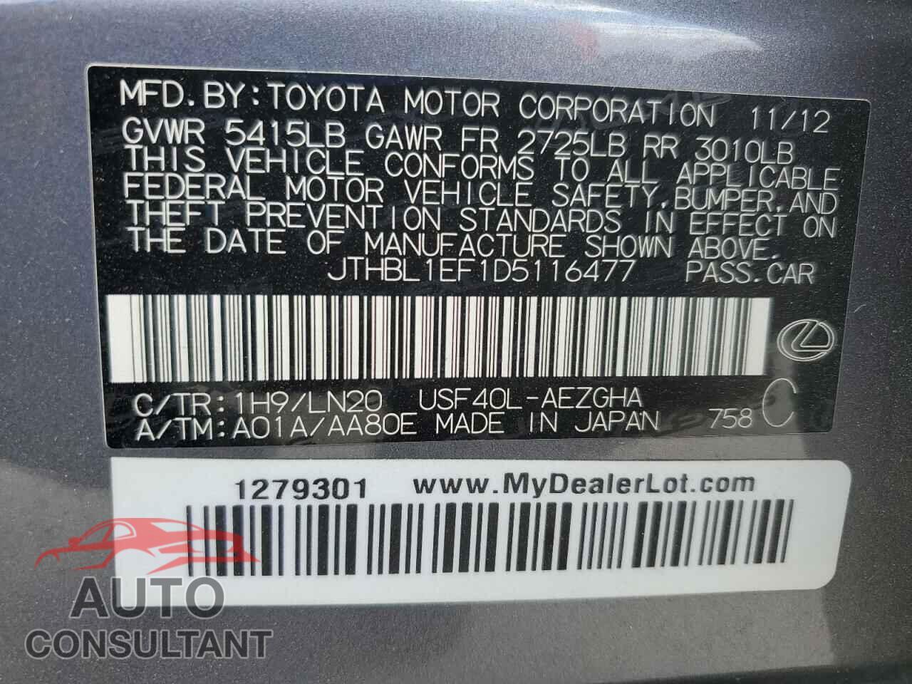 LEXUS LS460 2013 - JTHBL1EF1D5116477